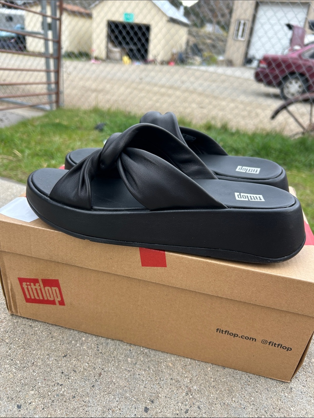 FitFlop F-MODE Leather-Twist Flatform Slides Black Sz 7 EUR 38 NEW